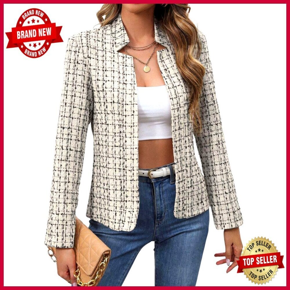 Slim Fit Tweed Blazer Notched Lapel Long Sleeve Open Front Business Jacket